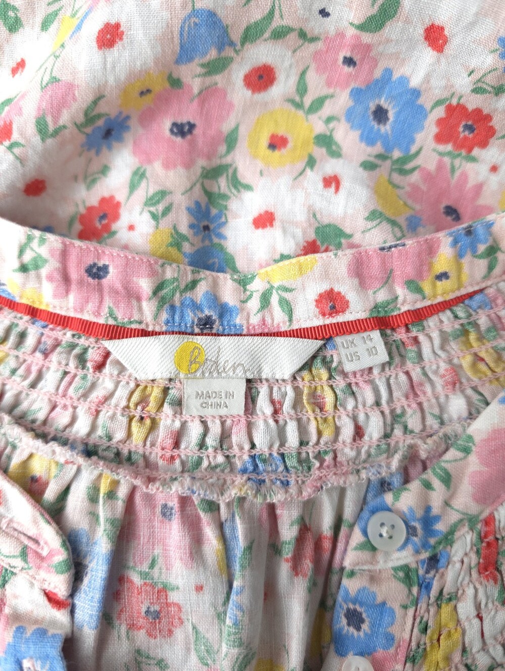 Boden Linen Floral Smocked Blouse Puff Short Sleeve Top Multicolor Size 10 - Picture 6 of 8